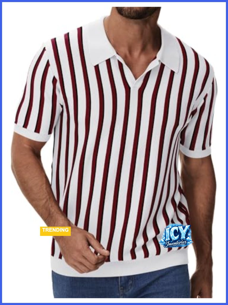 Men's Knit Polo Shirt Short Sleeve Vintage Striped Golf Classic Collared T Shirt